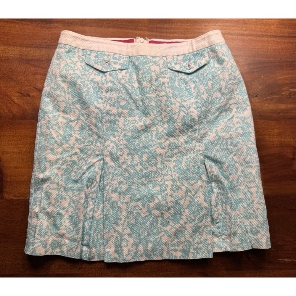 Oscar de la Renta Skirt 8P Petite Blue Floral Cotton Jacquard Pleated Mini Short